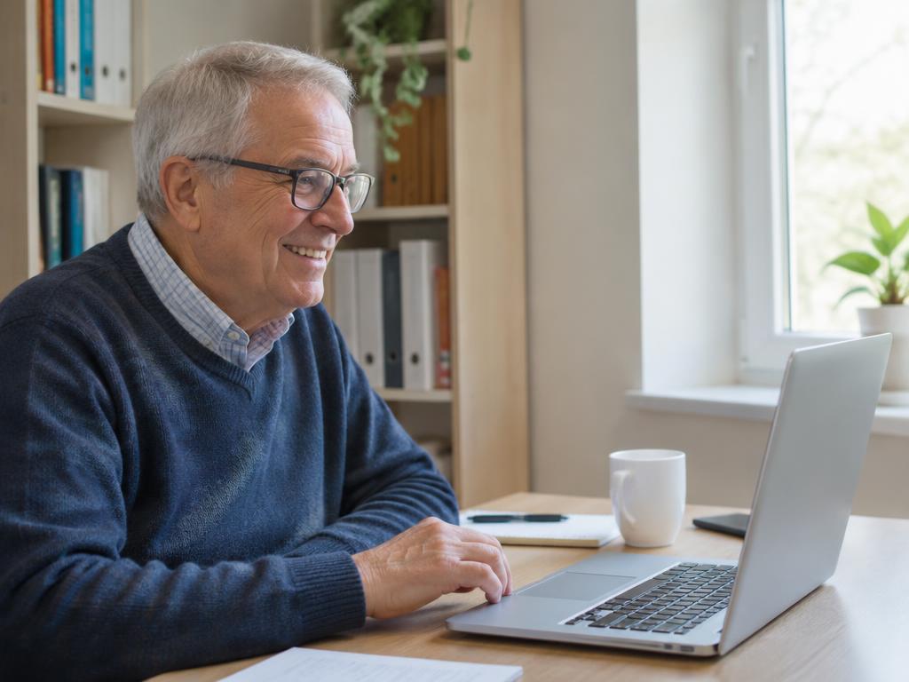 Senior man smiling at his laptop during a remote support session