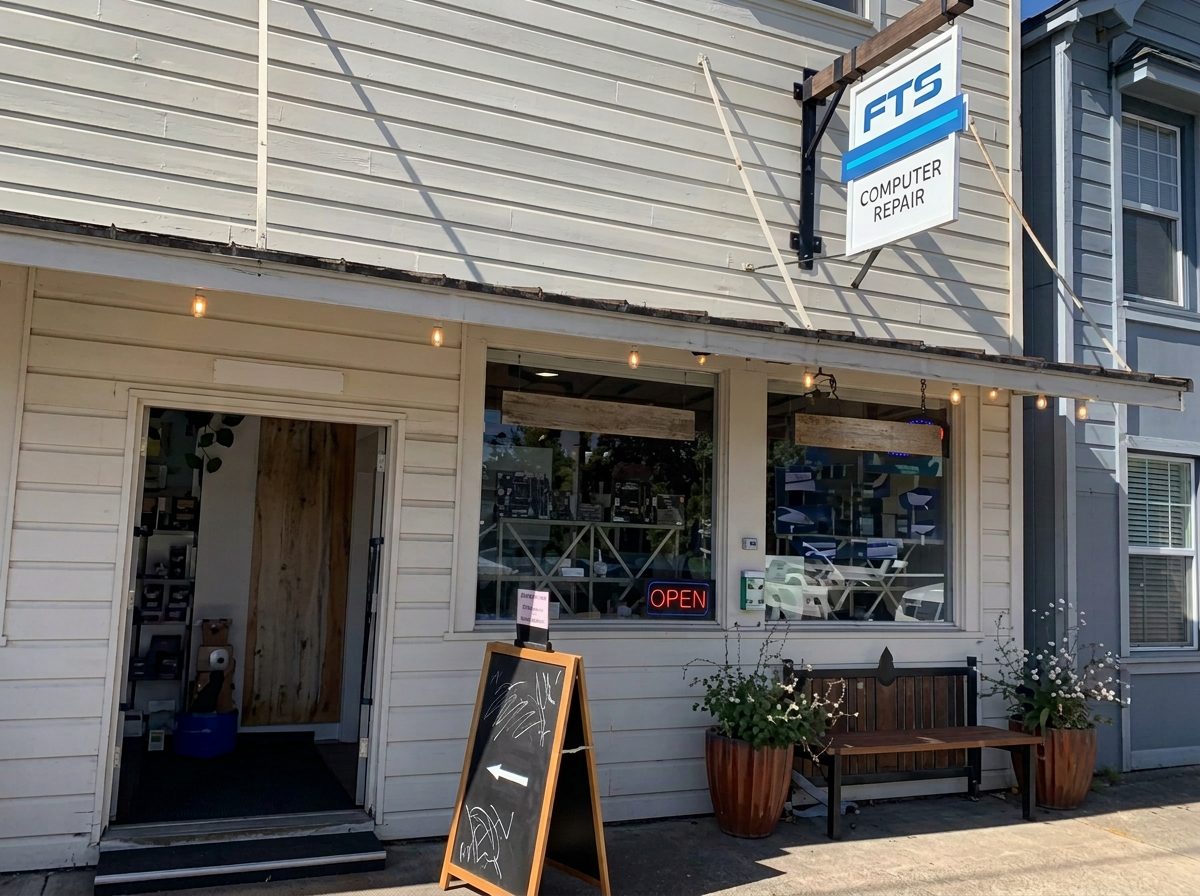 The FTS Computer Repair storefront: a cream wood-sided shop with a hanging FTS Computer Repair sign, string lights under the awning, and a sidewalk chalkboard sign